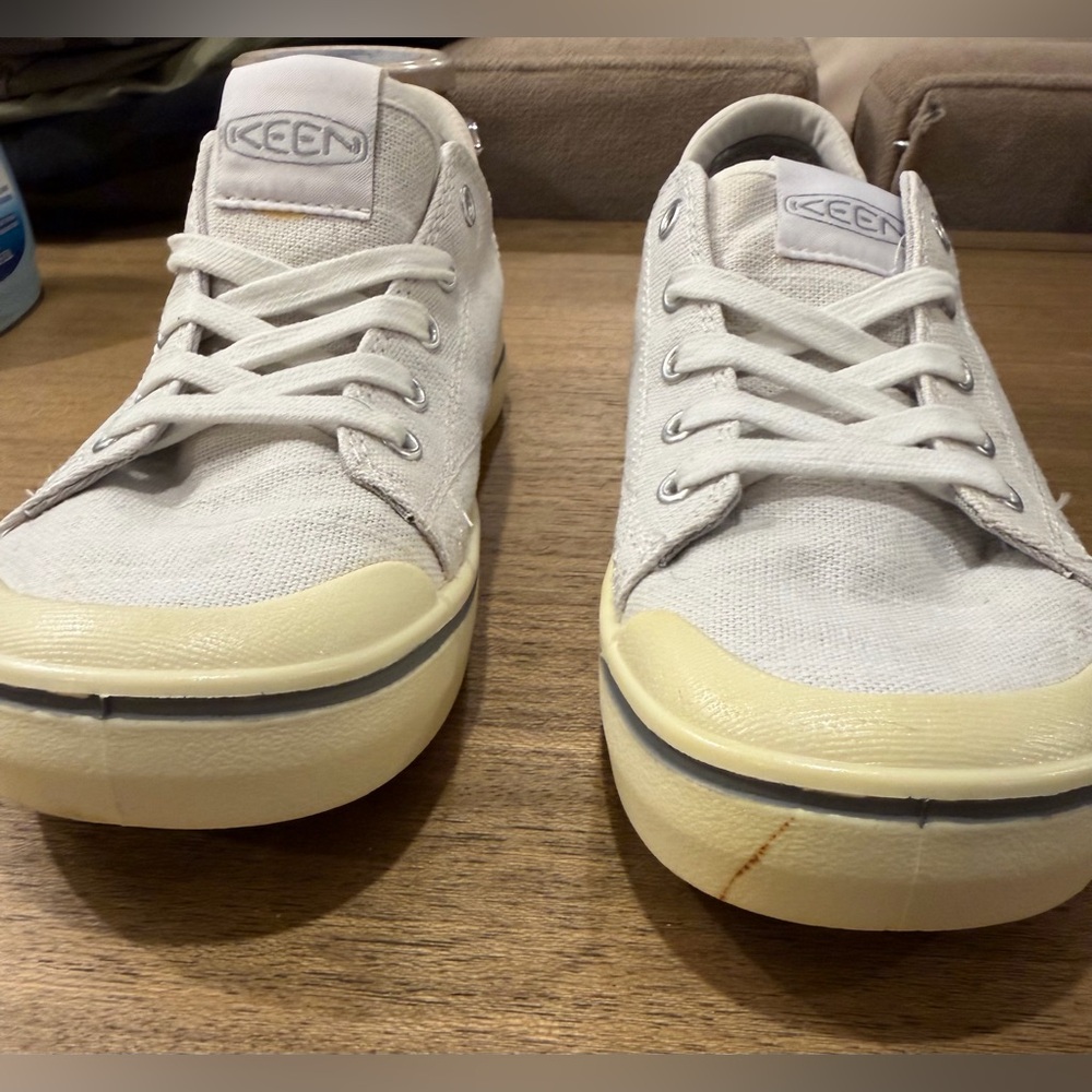 Keen - White Canvas Sneakers with Yellow Sole and Navy Trim - 8 - Picture 6 of 8